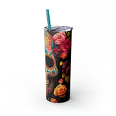 Dia de Los Muertos Skeleton Art Skinny Tumbler, Halloween Day of the Dead Colorful Cup, Cadaver Design Mug, Artistic Tumbler Gift, 20oz The Aurora Touch