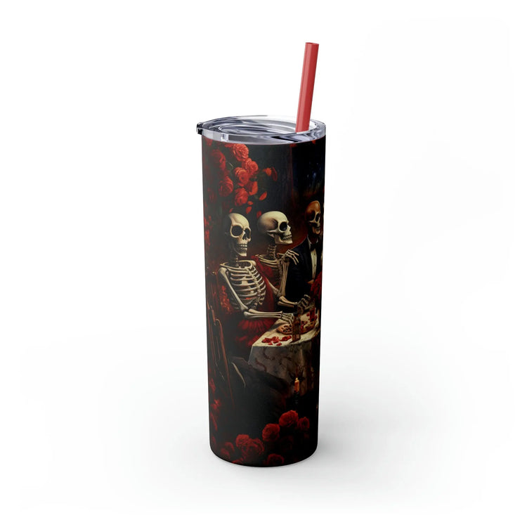 Skinny Tumbler with Straw, 20oz Day of the dead Halloween artistic dead man party dinner portrait scene design hot cold beverage travel cup The Aurora Touch