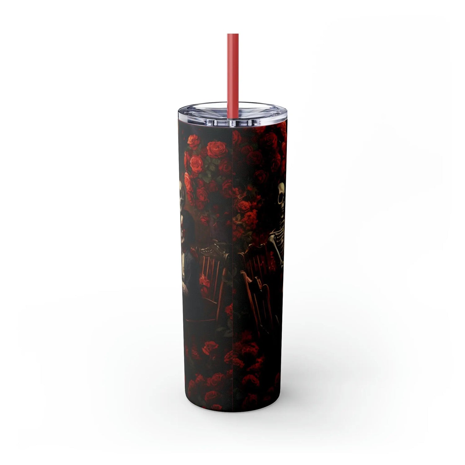 Skinny Tumbler with Straw, 20oz Day of the dead Halloween artistic dead man party dinner portrait scene design hot cold beverage travel cup The Aurora Touch