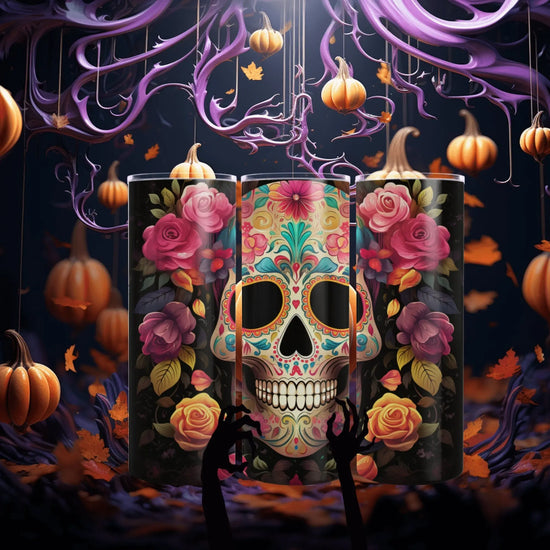 Dia de Los Muertos Skeleton Art Skinny Tumbler, Halloween Day of the Dead Colorful Cup, Cadaver Design Mug, Artistic Tumbler Gift, 20oz The Aurora Touch