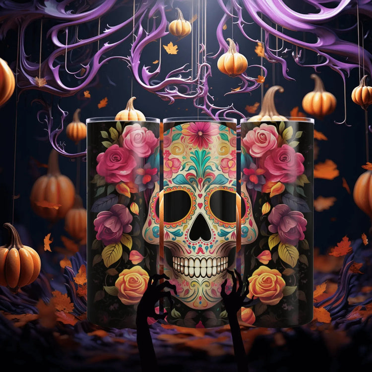 Dia de Los Muertos Skeleton Art Skinny Tumbler, Halloween Day of the Dead Colorful Cup, Cadaver Design Mug, Artistic Tumbler Gift, 20oz The Aurora Touch