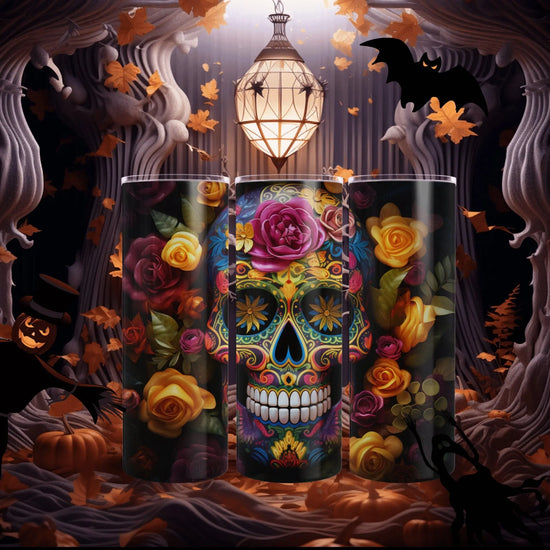 Dia de Los Muertos Skinny Tumbler, 20oz - Cadaver Design - Colorful Artistic Halloween Cup - Day of the Dead Mug, Holiday Tumbler The Aurora Touch