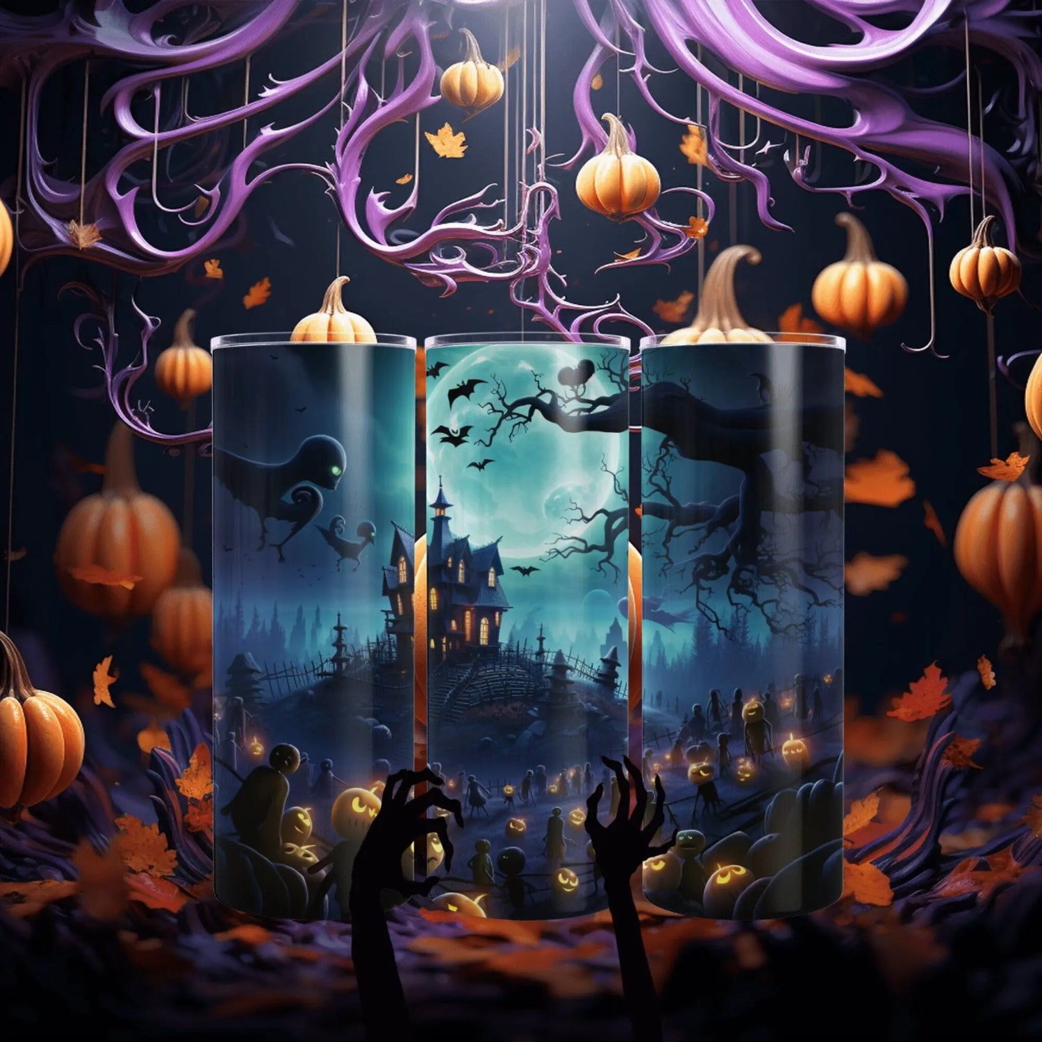 Mystic Halloween Skinny Tumbler with Straw 20oz spooky holiday pixar style all purpose travel hiking car festive large family drinking cup The Aurora Touch