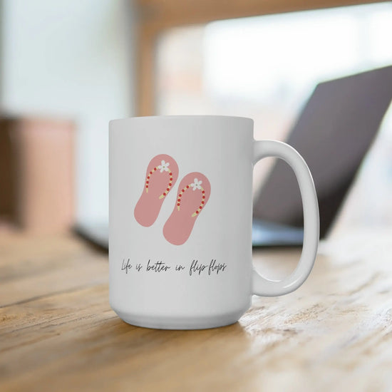 Ceramic Mug 15oz, Summer pink sandals solid print coffee tea everyday casual drinking large white decorative drinking cup