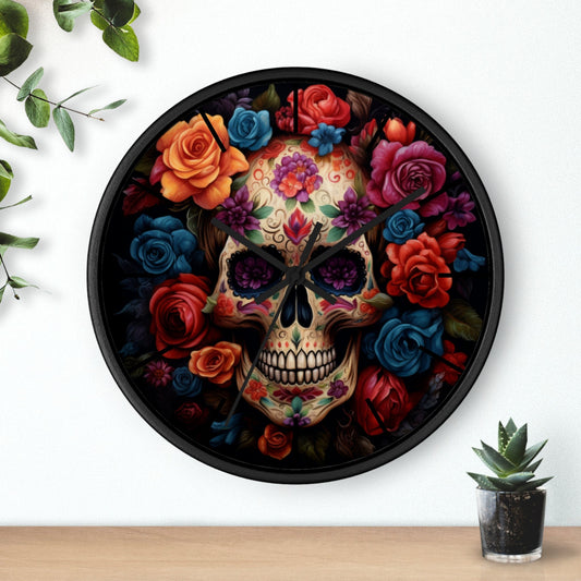 Wall Clock, Day of the Dead Halloween festive vibrant colorful floral sugar skull gothic art portrait design for living room kitchen office