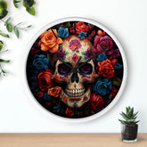 Wall Clock, Day of the Dead Halloween festive vibrant colorful floral sugar skull gothic art portrait design for living room kitchen office