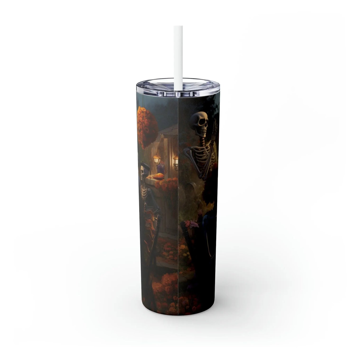 Dia de Los Muertos Skinny Tumbler, Day of the Dead Halloween Artistic Colorful Dead Mans Party Cup with Straw, 20oz The Aurora Touch