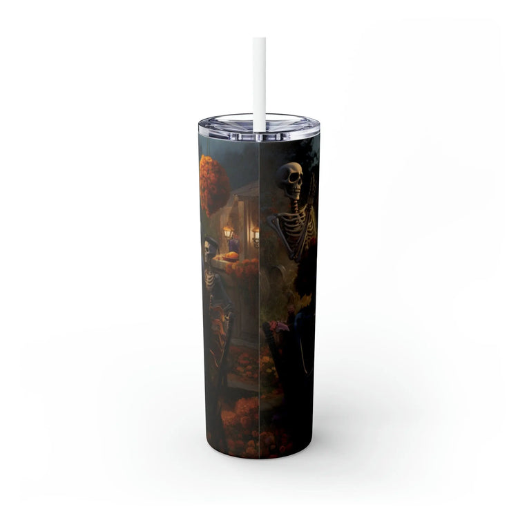 Dia de Los Muertos Skinny Tumbler, Day of the Dead Halloween Artistic Colorful Dead Mans Party Cup with Straw, 20oz The Aurora Touch