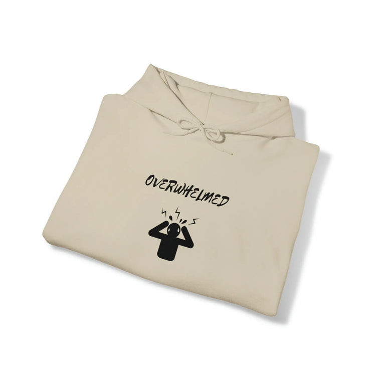 Overwhelmed Unisex Heavy Blend Hooded Sweatshirt, Humor fun casual cozy comfy lounge hoodie sweater casual him her wear great holiday gift