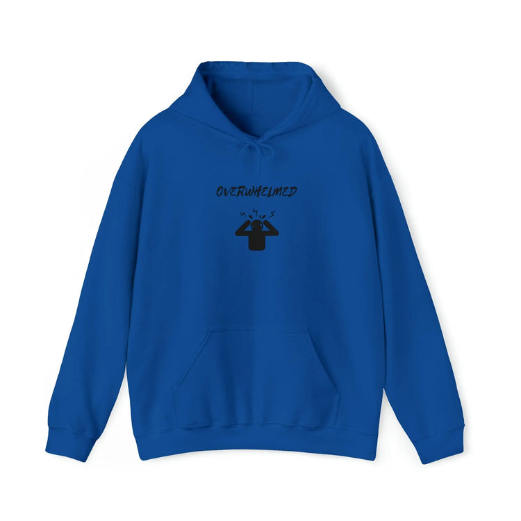 Overwhelmed Unisex Heavy Blend Hooded Sweatshirt, Humor fun casual cozy comfy lounge hoodie sweater casual him her wear great holiday gift