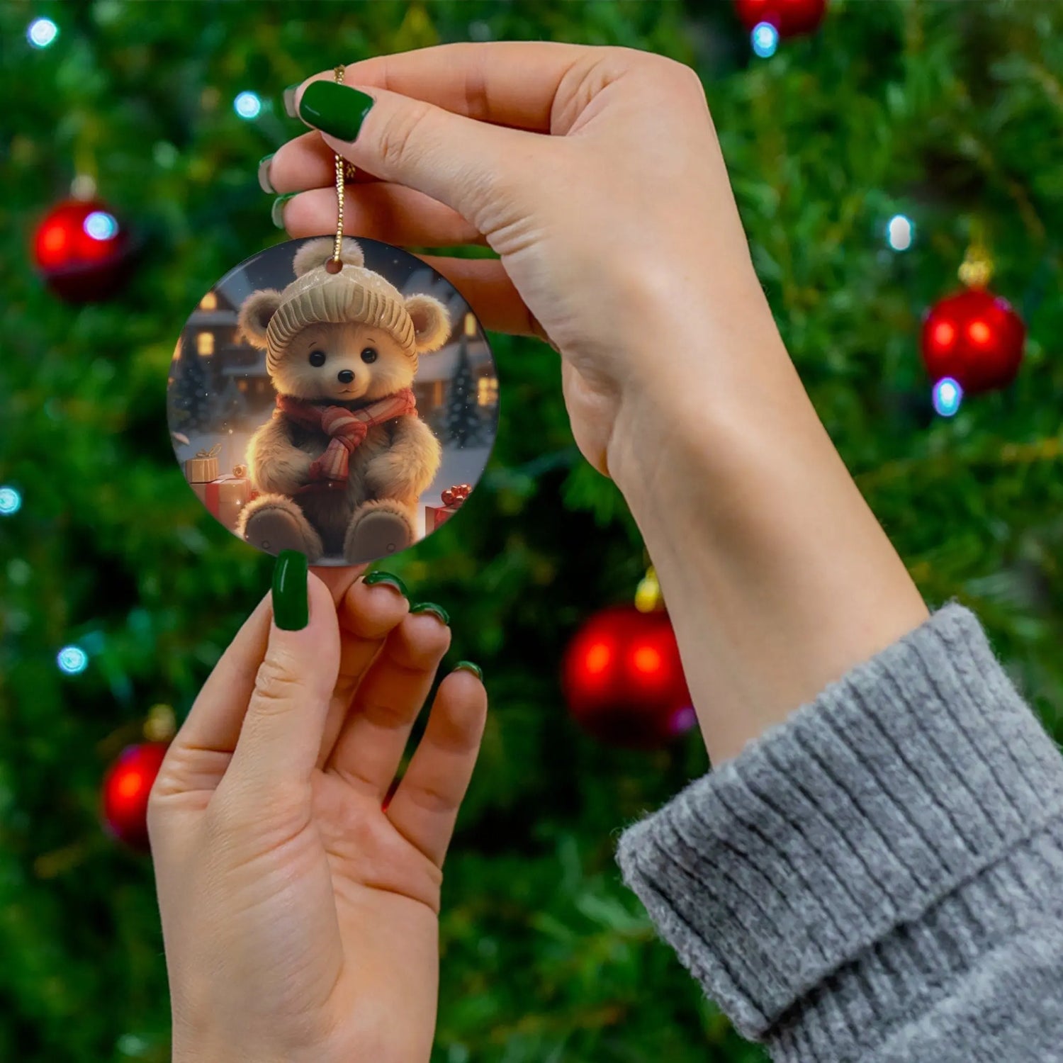 Adorable Round Ceramic Christmas Teddy Bear Ornament - Perfect Holiday Keepsake The Aurora Touch