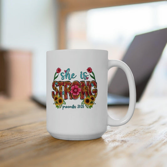 Ceramic Mug 15oz, women's strong empowerment faith based inspirational Christianity based bible verse large drinking cup