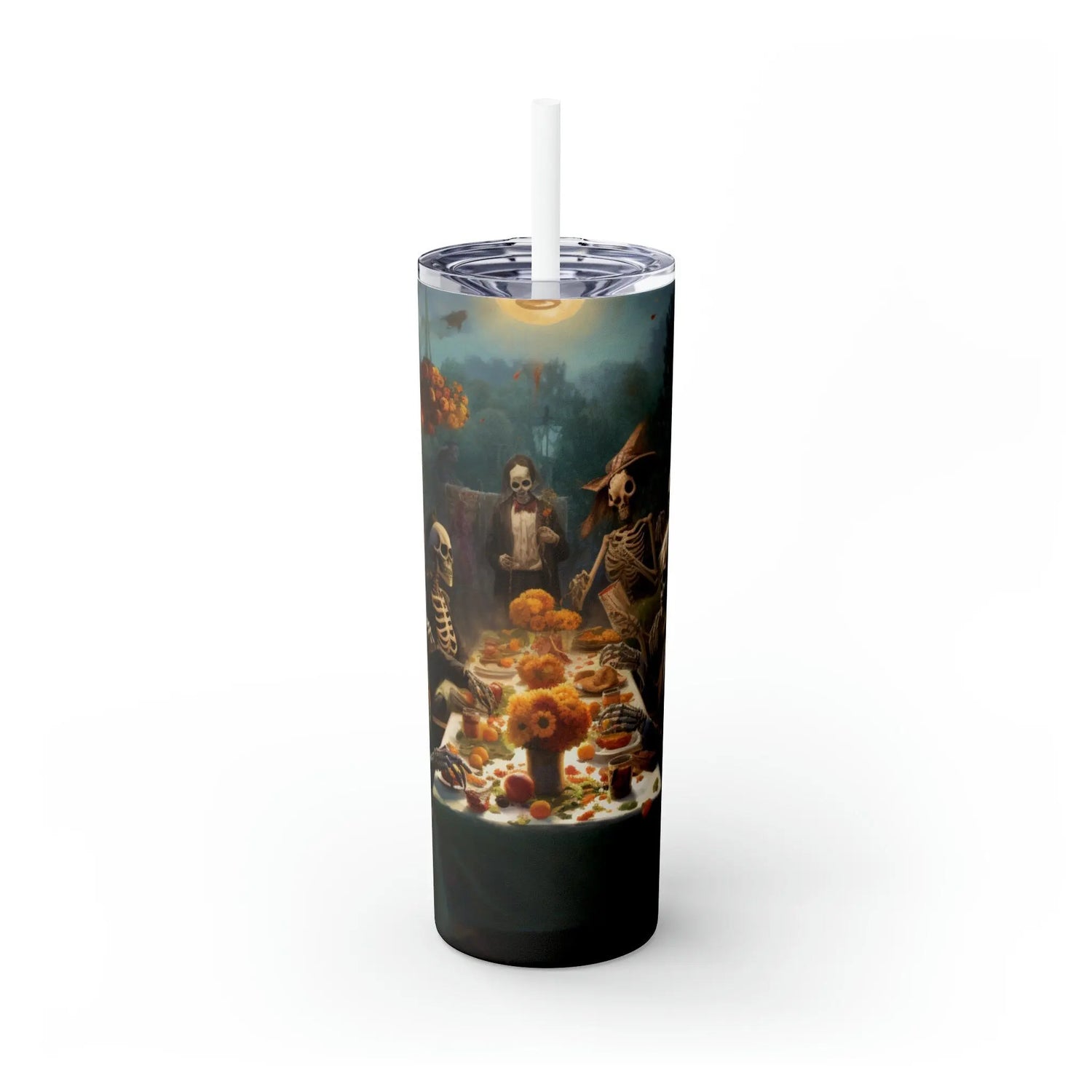Dia de Los Muertos Skinny Tumbler, Day of the Dead Halloween Artistic Colorful Dead Mans Party Cup with Straw, 20oz The Aurora Touch