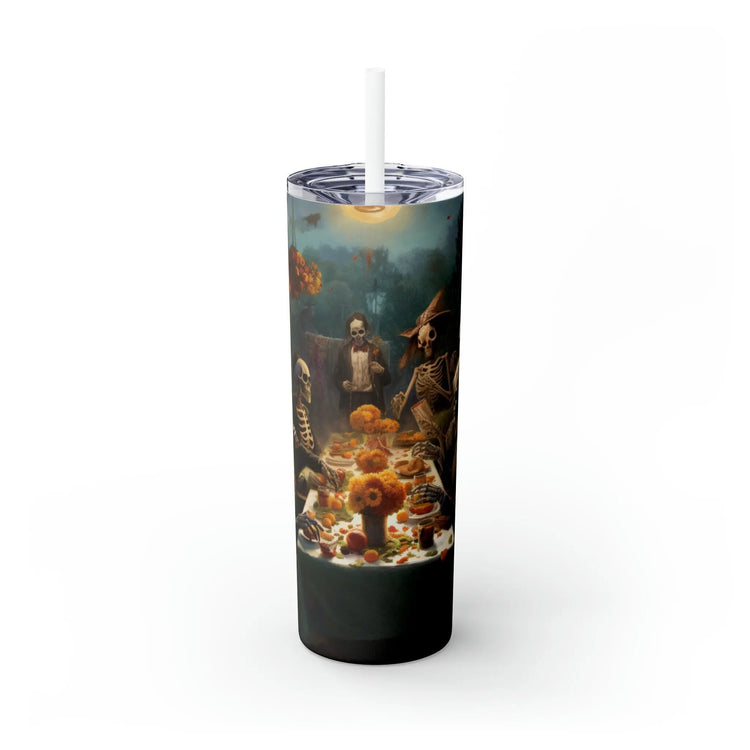 Dia de Los Muertos Skinny Tumbler, Day of the Dead Halloween Artistic Colorful Dead Mans Party Cup with Straw, 20oz The Aurora Touch