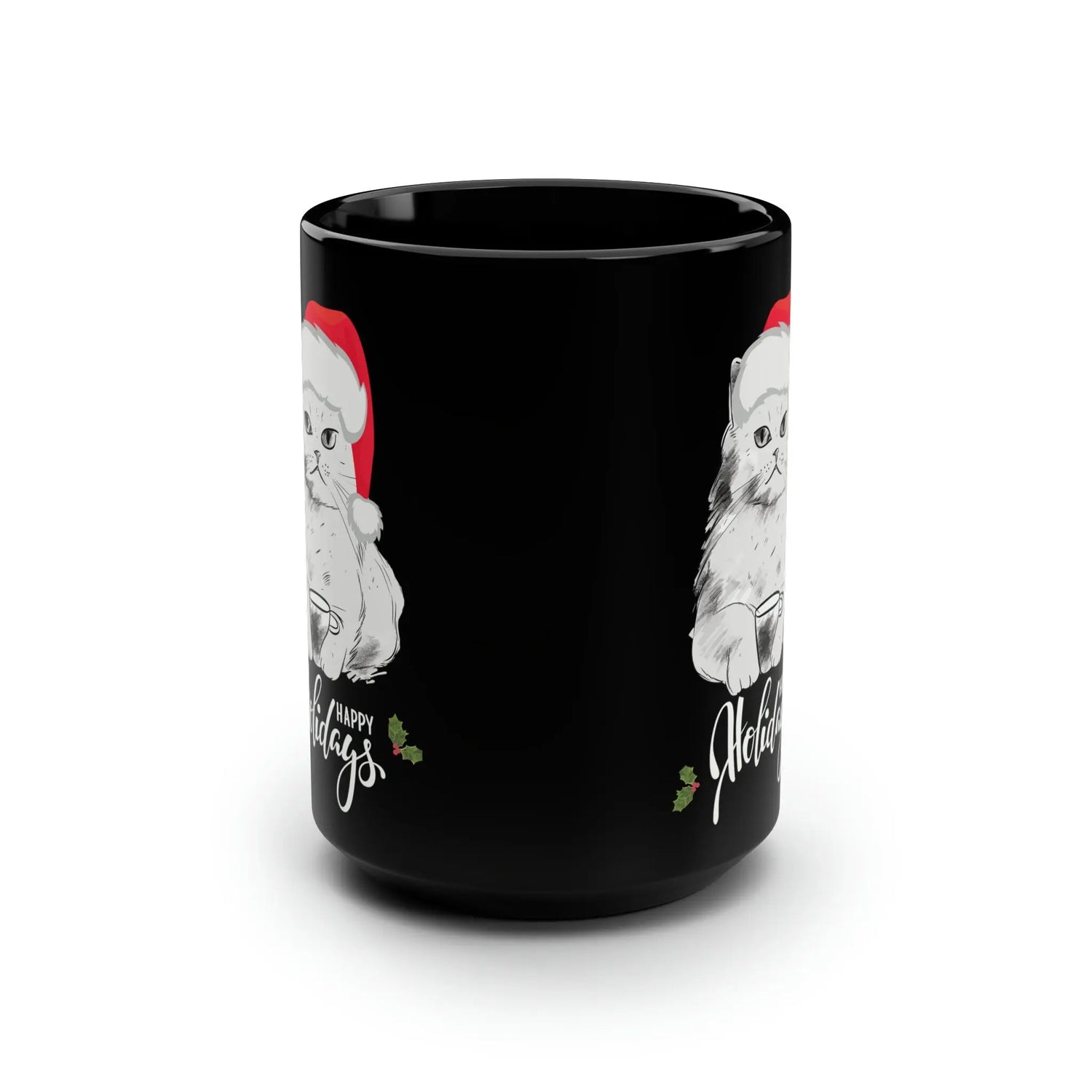 15oz Black Mug - Christmas Holiday Cat with Santa Hat - Perfect Gift for Cat Lovers The Aurora Touch