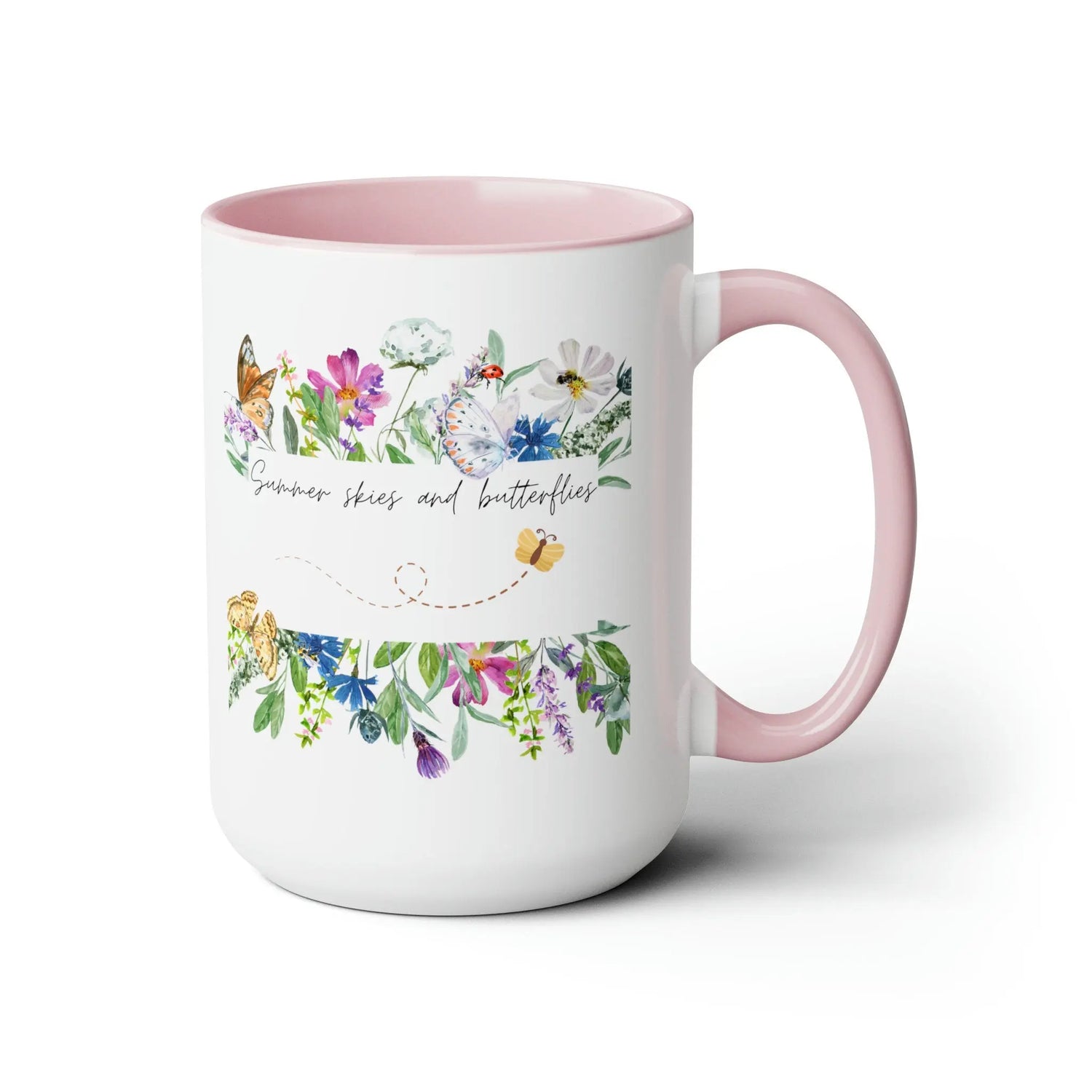 Two-Tone Coffee Mugs, 15oz., Inspirational summer skies and butterflies pretty colorful beverage cup with enlighting message