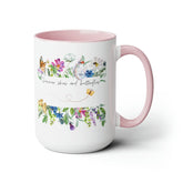 Two-Tone Coffee Mugs, 15oz., Inspirational summer skies and butterflies pretty colorful beverage cup with enlighting message