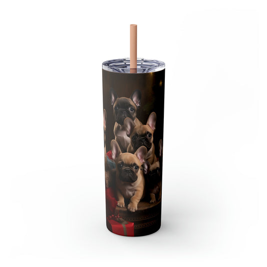 Xmas Holiday Tumbler with Straw, 20oz, Frenchies, Puppy lover cup, Xmas gift, Travel cup, Holiday gifts, Puppy portrait, gift for assistant