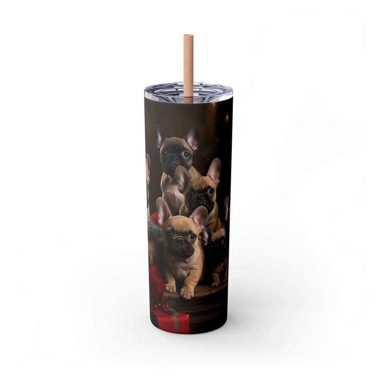 Xmas Holiday Tumbler with Straw, 20oz, Frenchies, Puppy lover cup, Xmas gift, Travel cup, Holiday gifts, Puppy portrait, gift for assistant The Aurora Touch