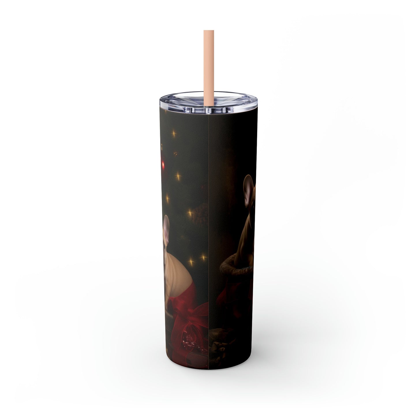 Xmas Holiday Tumbler with Straw, 20oz, Frenchies, Puppy lover cup, Xmas gift, Travel cup, Holiday gifts, Puppy portrait, gift for assistant