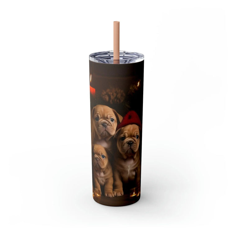 Xmas Holiday Skinny Tumbler with Straw, 20oz - Puppy Xmas, Holiday cups, Travel mug, Pet lover gift, Holiday portraits The Aurora Touch
