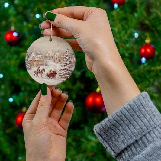 Ceramic Ornament, small town Xmas scene - Holiday Tree Decor, Christmas Gift, Winter Home Decoration, Rustic Holiday Ornament, Festive Decor