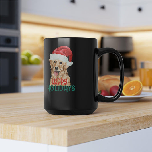 Christmas Golden Retriever Black Mug 15oz | Holiday Coffee Mug | Xmas Gift for Pet Lovers | Happy Mug | Dog Art Coffee Mug | Holiday Decor