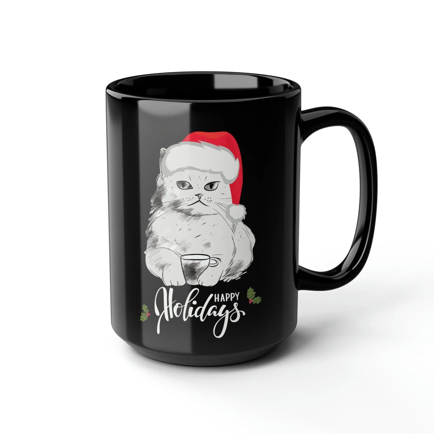 15oz Black Mug - Christmas Holiday Cat with Santa Hat - Perfect Gift for Cat Lovers The Aurora Touch