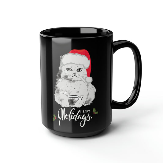 15oz Black Mug - Christmas Holiday Cat with Santa Hat - Perfect Gift for Cat Lovers