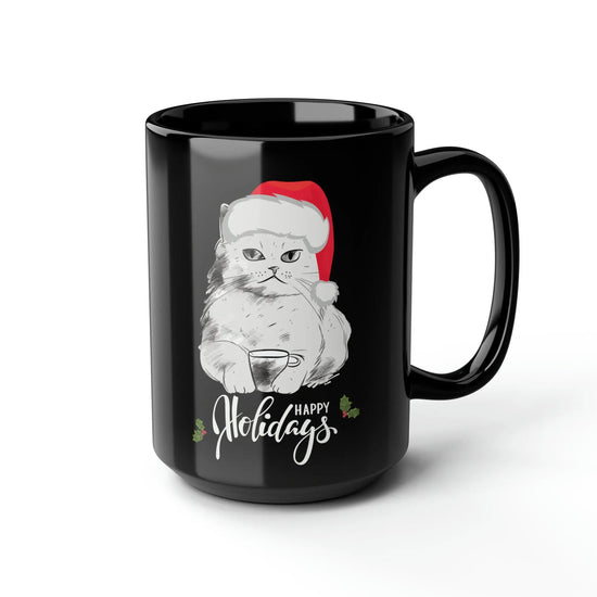 15oz Black Mug - Christmas Holiday Cat with Santa Hat - Perfect Gift for Cat Lovers The Aurora Touch