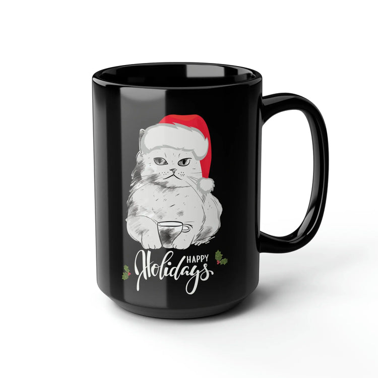 15oz Black Mug - Christmas Holiday Cat with Santa Hat - Perfect Gift for Cat Lovers The Aurora Touch
