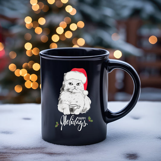 15oz Black Mug - Christmas Holiday Cat with Santa Hat - Perfect Gift for Cat Lovers
