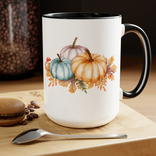 Two-Tone Coffee Mugs, 15oz, Fall November holiday colorful festive pumpkin design large coffee hot tea kitchen decor mug