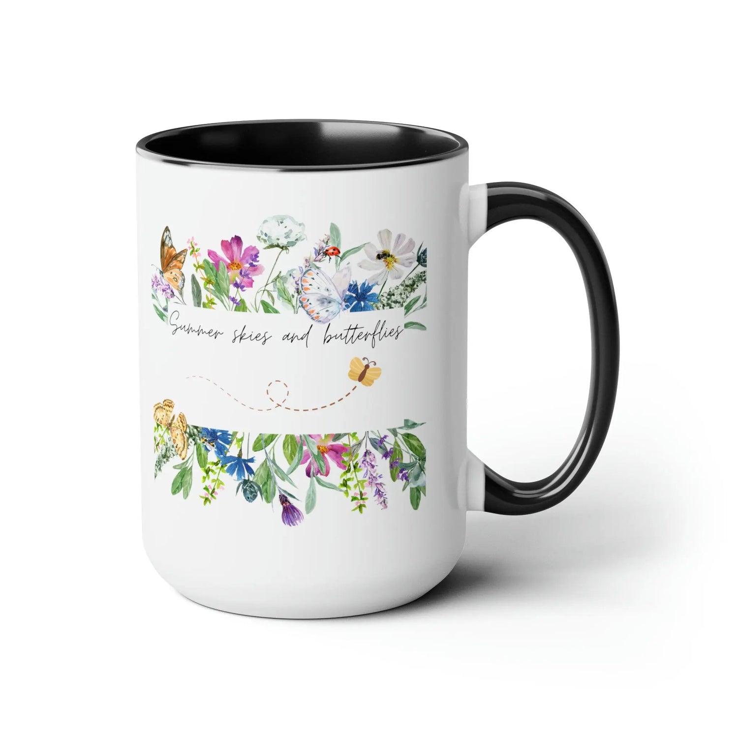 Two-Tone Coffee Mugs, 15oz., Inspirational summer skies and butterflies pretty colorful beverage cup with enlighting message