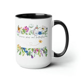 Two-Tone Coffee Mugs, 15oz., Inspirational summer skies and butterflies pretty colorful beverage cup with enlighting message
