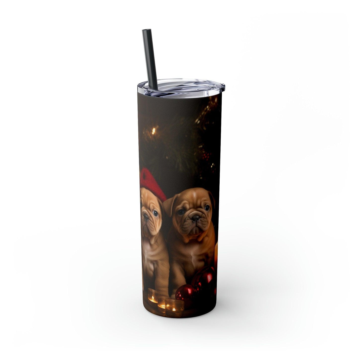 Xmas Holiday Skinny Tumbler with Straw, 20oz - Puppy Xmas, Holiday cups, Travel mug, Pet lover gift, Holiday portraits