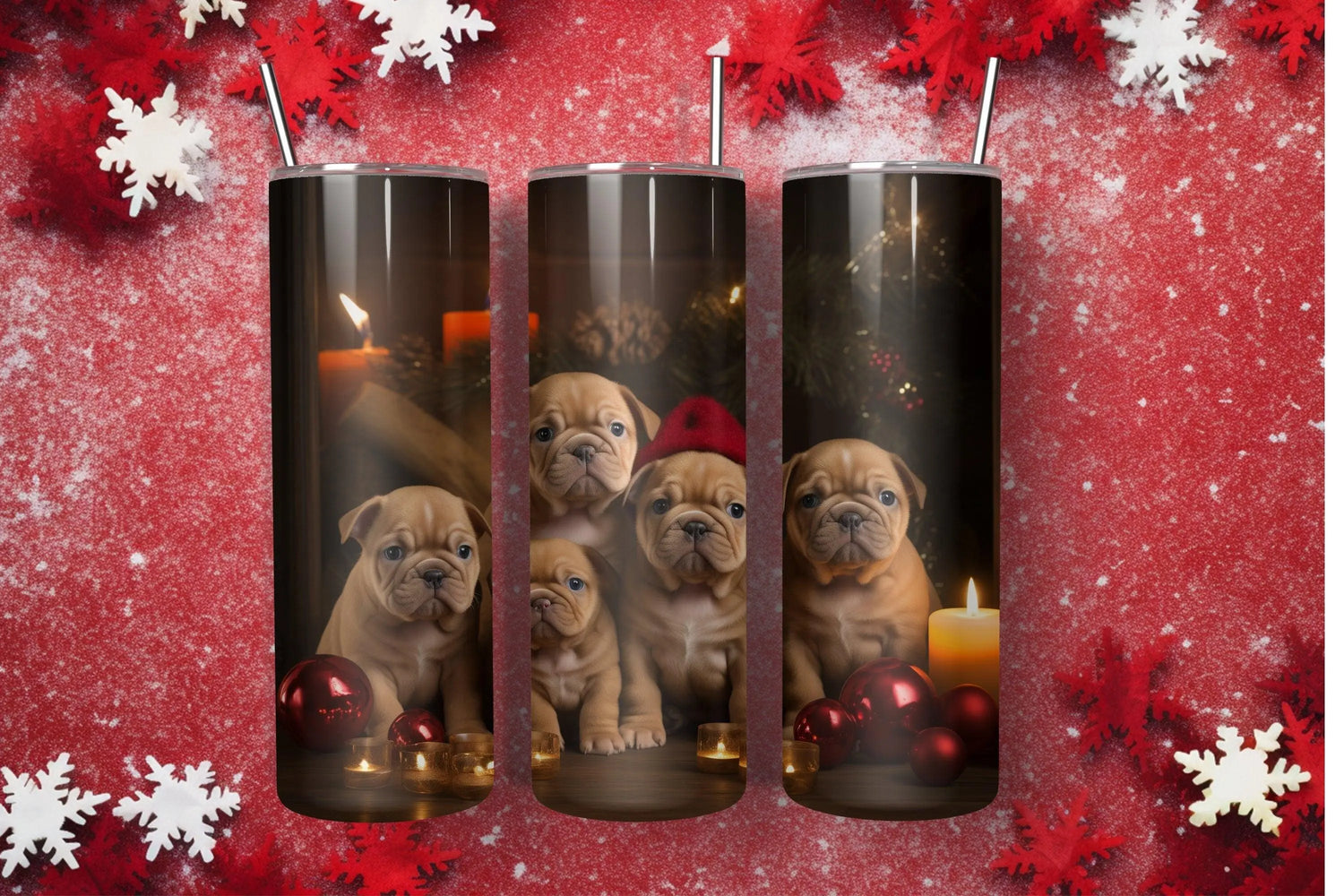 Xmas Holiday Skinny Tumbler with Straw, 20oz - Puppy Xmas, Holiday cups, Travel mug, Pet lover gift, Holiday portraits The Aurora Touch