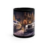 11oz Black Mug, Designer Rolls Royce holiday white Xmas portrait stylish home office decor everyday beverage mug The Aurora Touch