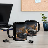 11oz Black Mug, Executive holiday luxury designer black Bentley ceo boss xmas scene stylish fancy mug The Aurora Touch