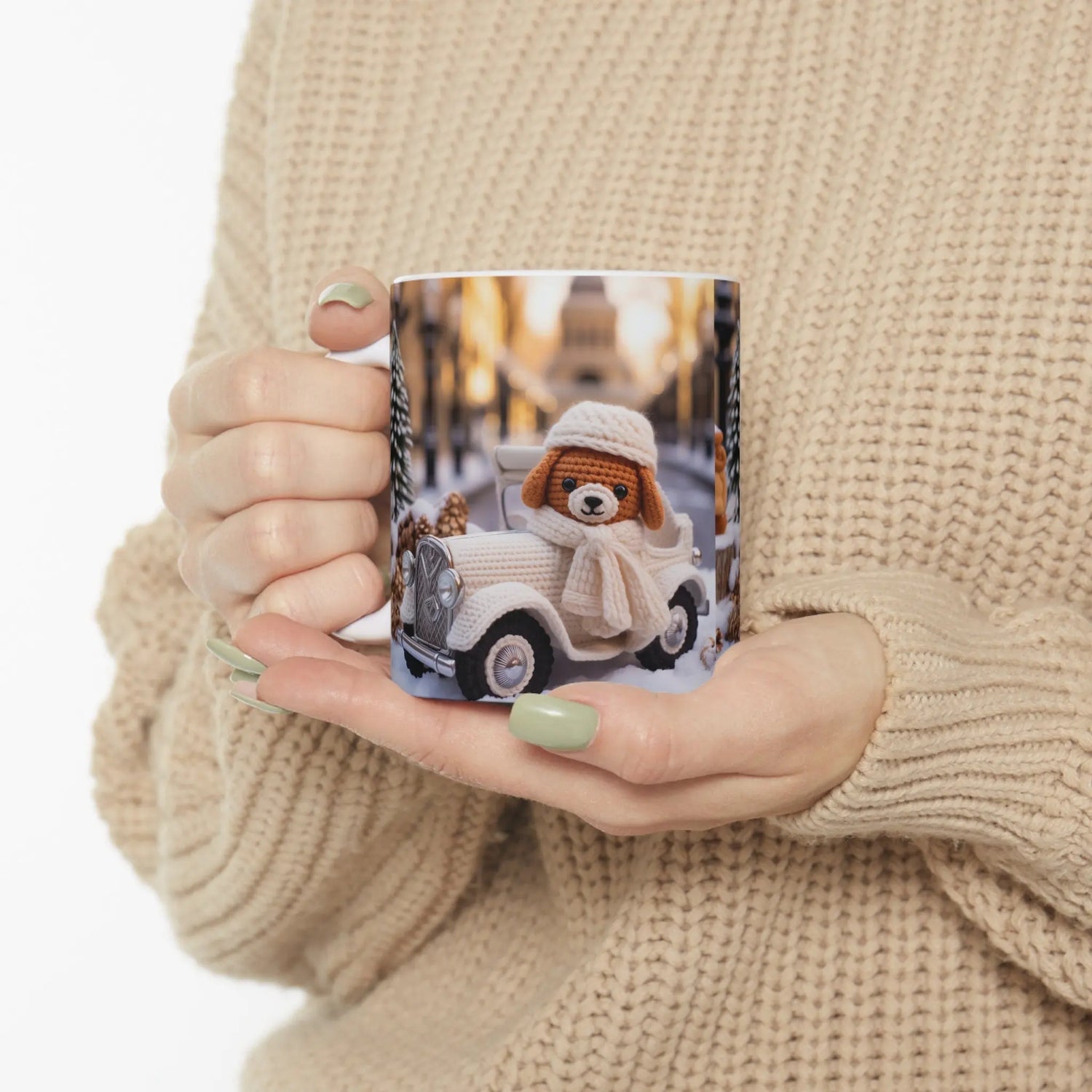 Ceramic Mug 11oz, Crochet design, Holiday mug, coffee cup, Hot tea mug, Designer mug, Xmas novelty mugs, gingerbread man The Aurora Touch