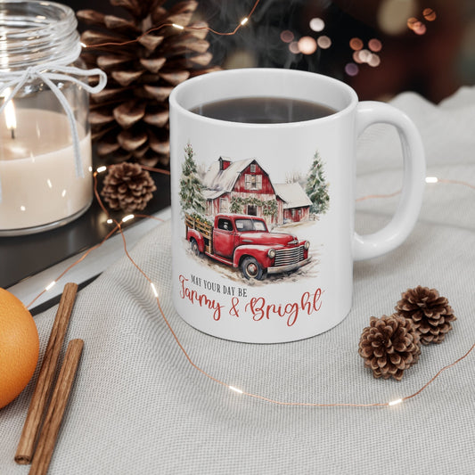 Farm House Design Ceramic Mug 11oz, Xmas Gift Cup, Holiday Coffee Mug, Country Kitchen Decor, Gift for Dad, Xmas Kitchenware