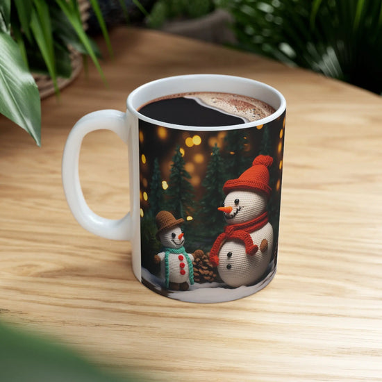 Ceramic Mug 11oz, snowman, Holiday mugs, Xmas Art, Hot Chocolate Mug, Gift for teacher, gift for nurse, Crochet Snowman The Aurora Touch