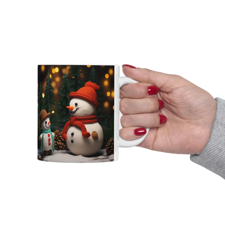 Ceramic Mug 11oz, snowman, Holiday mugs, Xmas Art, Hot Chocolate Mug, Gift for teacher, gift for nurse, Crochet Snowman The Aurora Touch