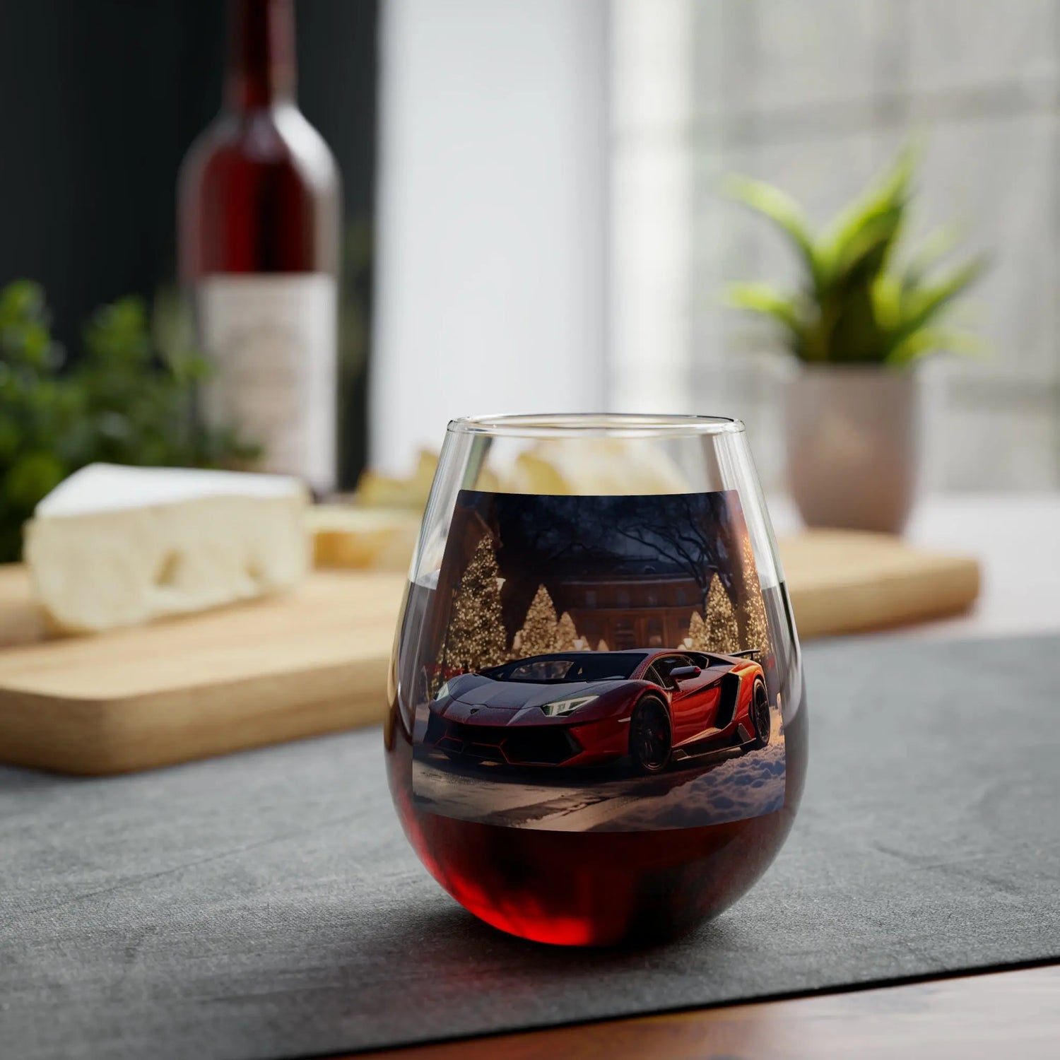 Stemless Wine Glass, 11.75oz, Luxury Car portrait, fancy wine glass, Holiday wine glass, Party Wine glass, Corporate gift, Fancy Xmas gift The Aurora Touch