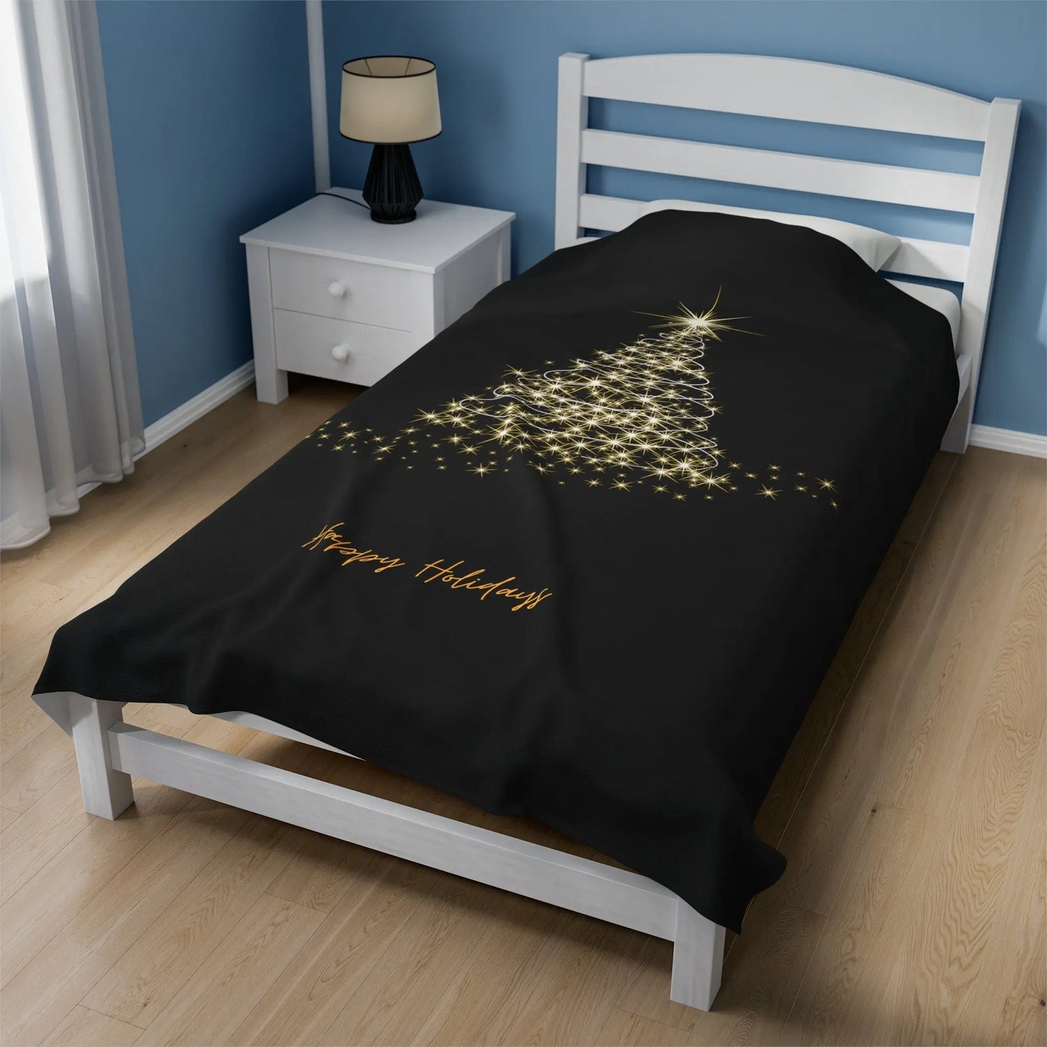 Velveteen Plush Blanket, Happy Holiday Blanket, Xmas tree Design, Black Xmas blanket, Holiday Theme Blanket, Soft Couch Throw The Aurora Touch