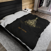 Velveteen Plush Blanket, Happy Holiday Blanket, Xmas tree Design, Black Xmas blanket, Holiday Theme Blanket, Soft Couch Throw The Aurora Touch