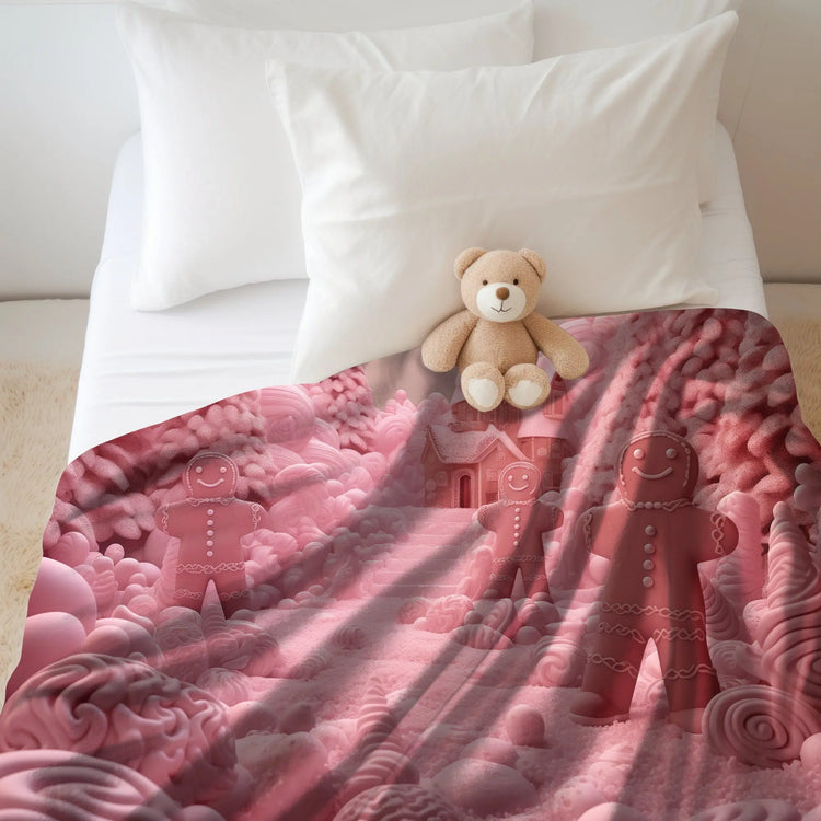 Christmas Gingerbread Man Velveteen Plush Blanket, Pink Bedspread, Soft Fleece Throw, Child Bed Cover, Holiday Gift Idea The Aurora Touch