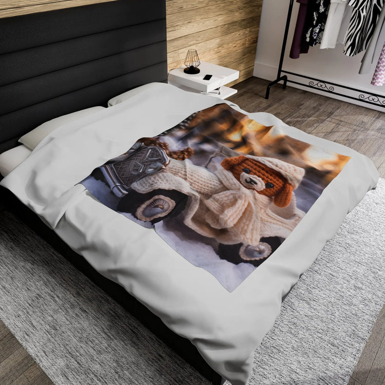 Velveteen Plush Blanket - Child Bedroom Winter Bedcover, Cozy Crotchet Design Blanket, Holiday Blanket, Adorable Bedcover, Child Winter