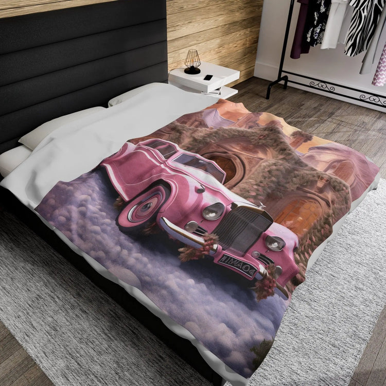 Velveteen Plush Blanket, Pretty in pink luxury classic car image living room bedroom couch fancy soft comfy throw quilt great for holiday The Aurora Touch