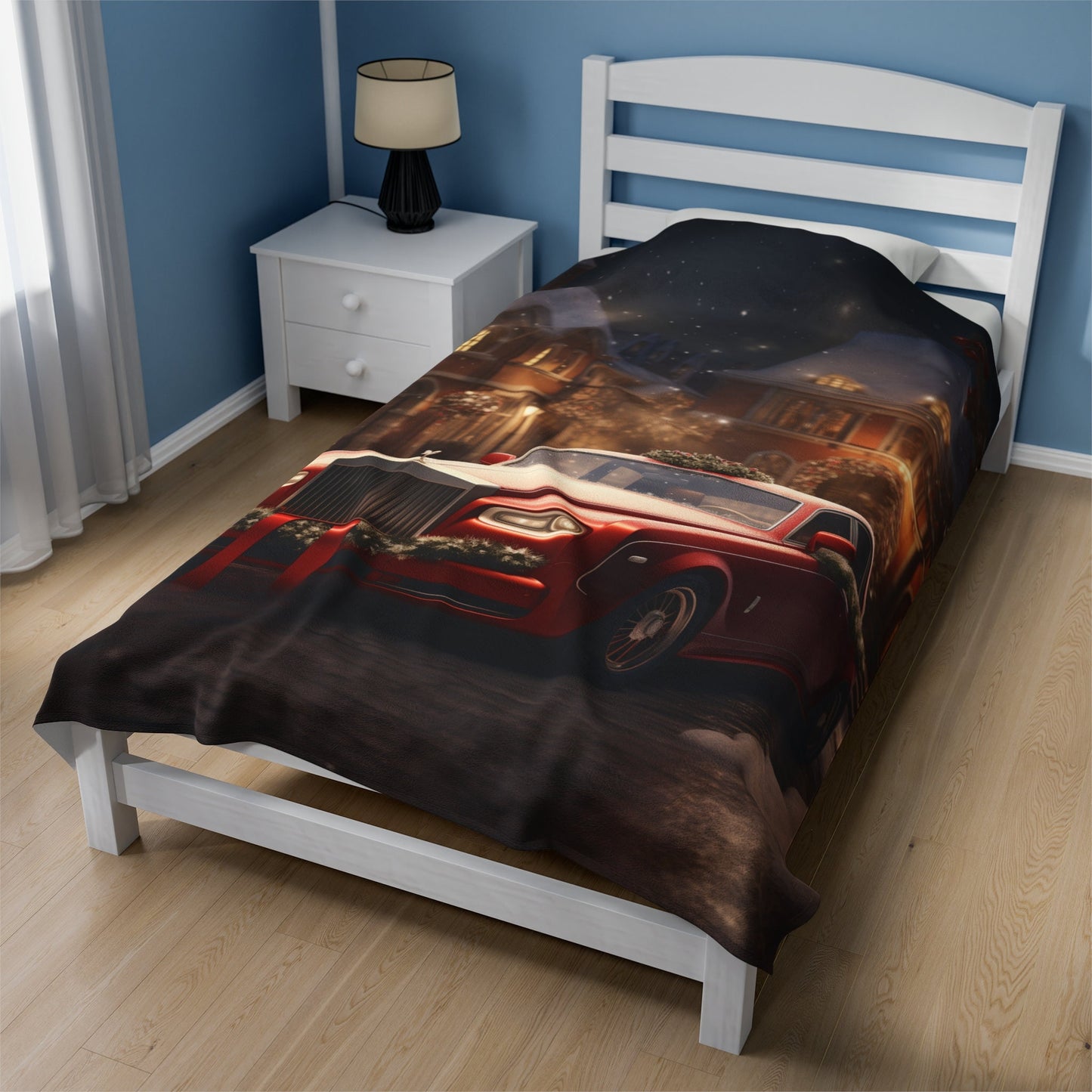 Velveteen Plush Blanket, Holiday Red Rolls-Royce Xmas luxury car scene stylish cozy warm fireplace couch bed chair TV cuddle fleece throw